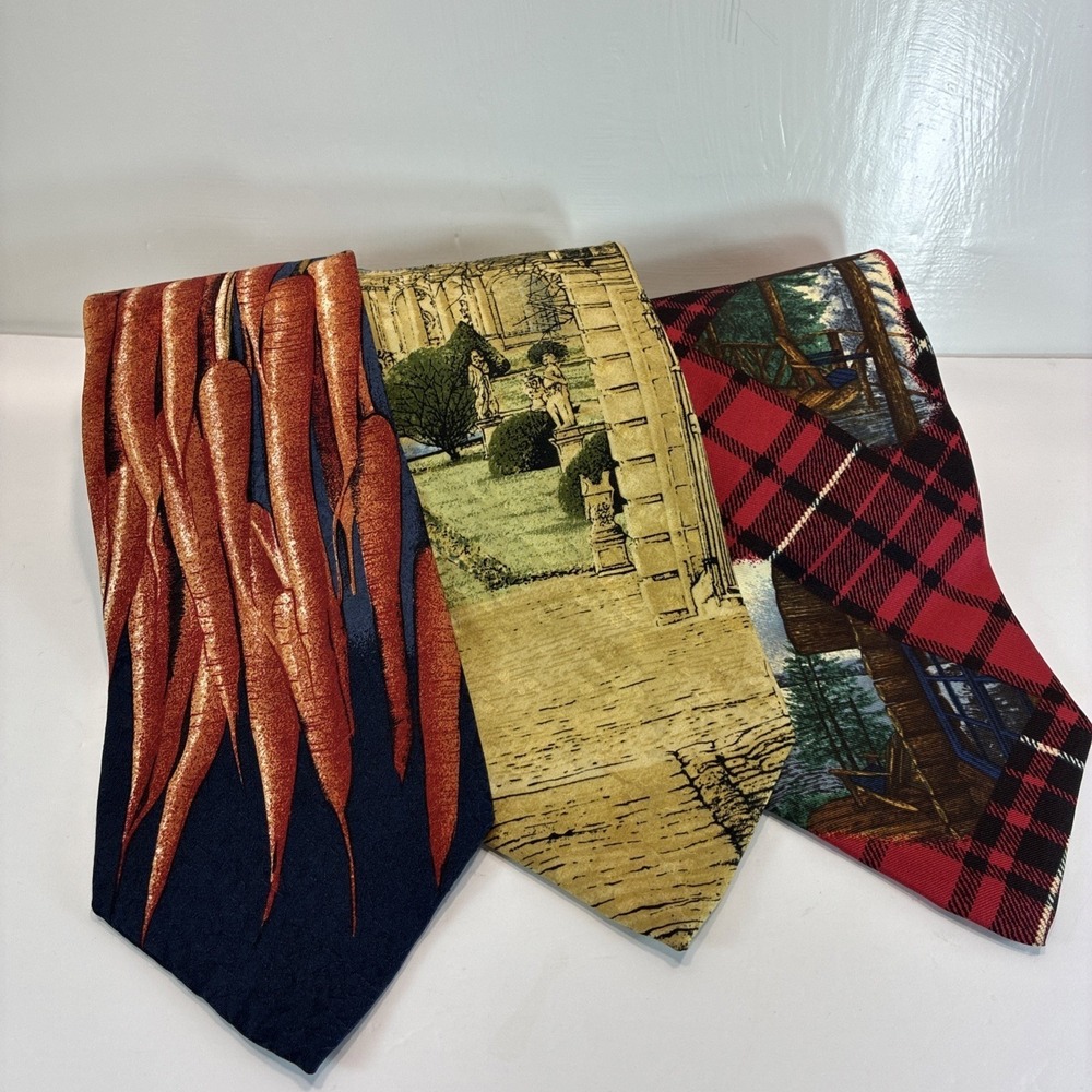 Structure Mens Vintage 100% Silk Tie Lot 3 Carrots Garden Cabin Plaid Italian